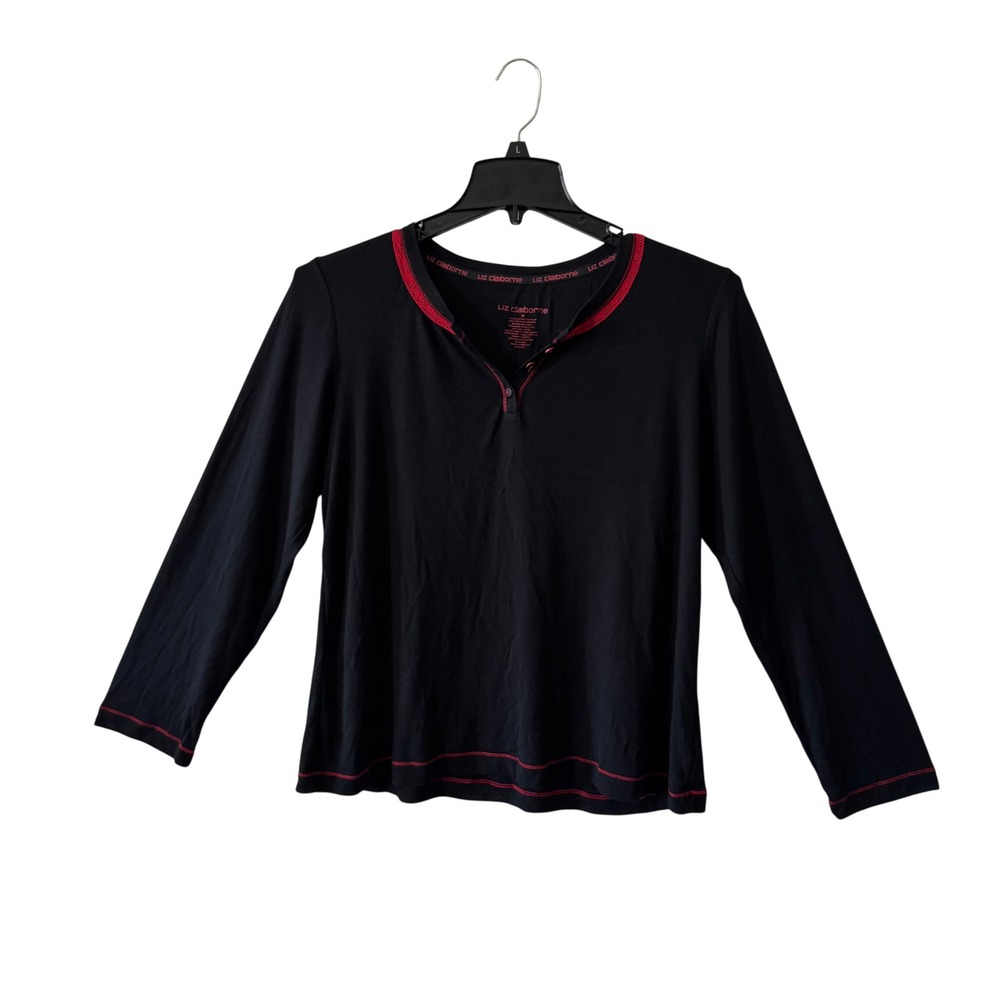 Liz Claiborne Henley Top Black Red Lace Trim Contrast Stitch M Y2K Grunge Goth